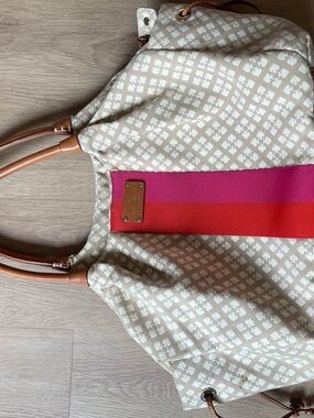KATE SPADE  Beige Logo Canvas Tote with Pink & Red Stripe